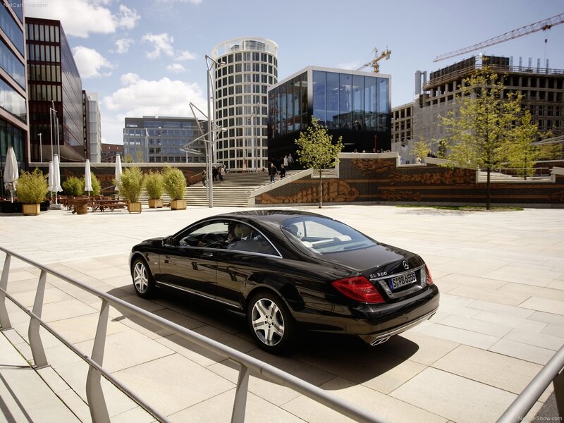 Black Mercedes-Benz CL600 in city plaza