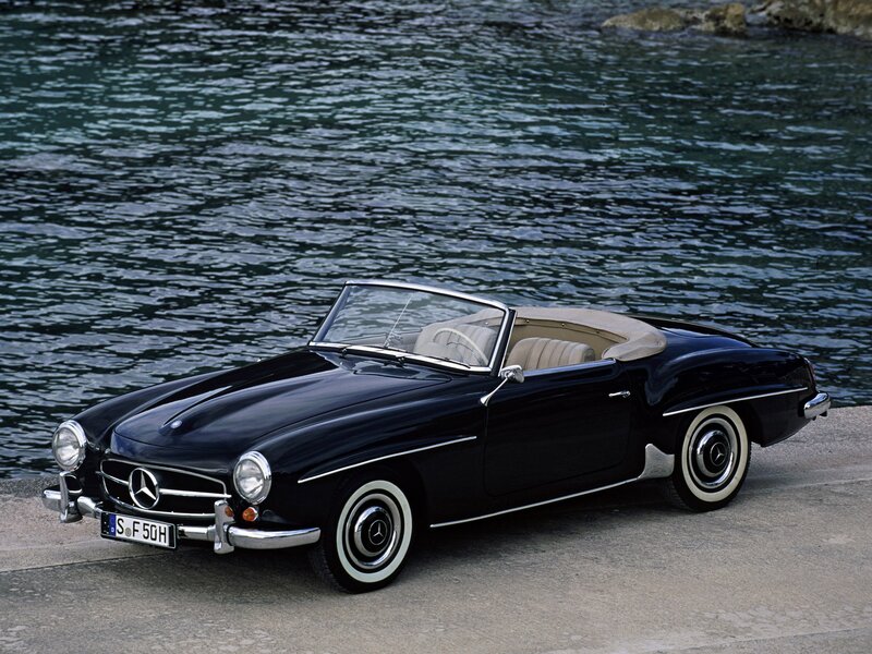 Black Mercedes-Benz convertible by water
