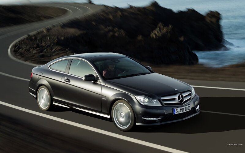 Black Mercedes-Benz Coupe — Dynamic, Afternoon, Photograph, Car, Road, Ocean, Rocks