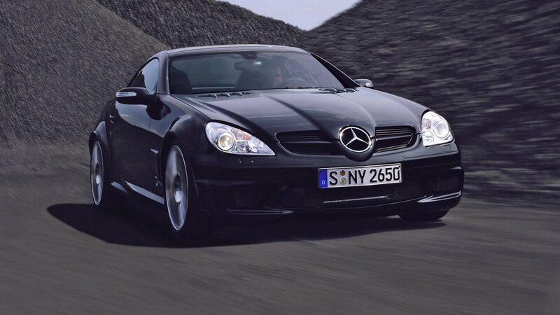Black Mercedes-Benz SLK in motion