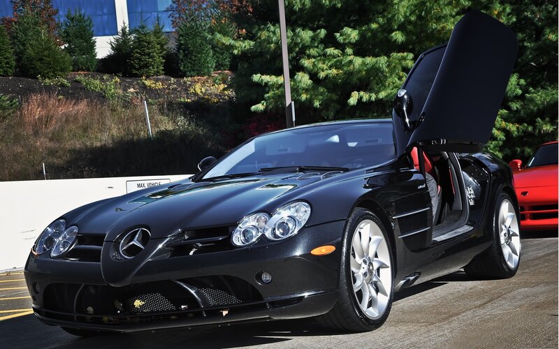 Black Mercedes-benz Slr — Dramatic, Afternoon, Photograph, Red Car