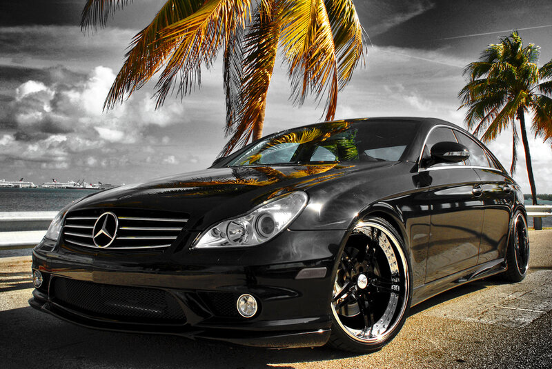 Black Mercedes-Benz with palm trees