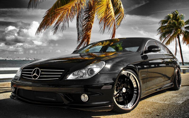 Black Mercedes-Benz with palm trees