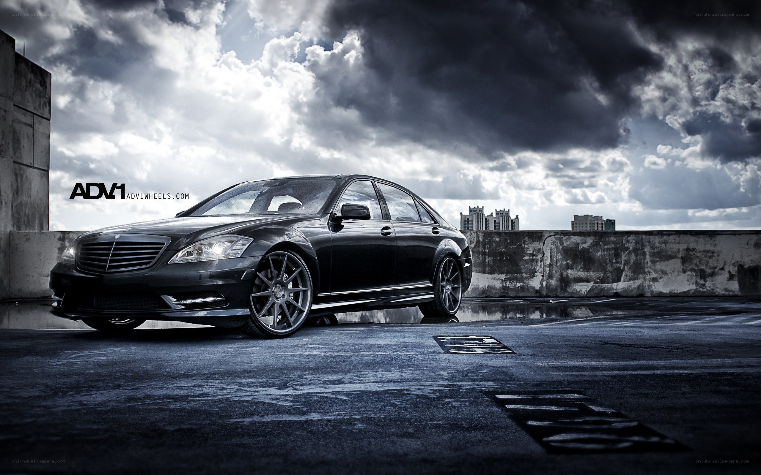 Black Mercedes S-Class on rooftop