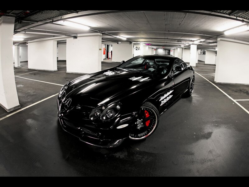 Black Mercedes SLR in parking garage