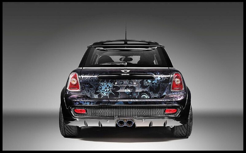 Black Mini Cooper Car — Dramatic, Photograph, Floral Design