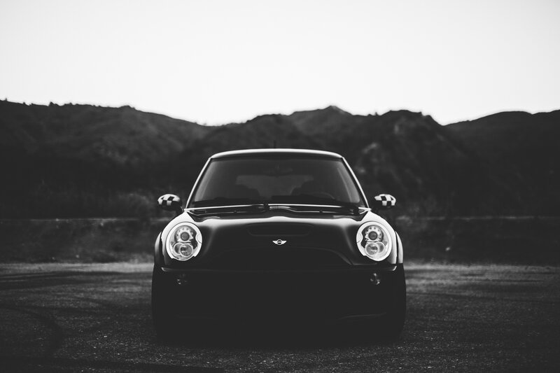 Black Mini Cooper Car — Dramatic, Photograph, Mountains