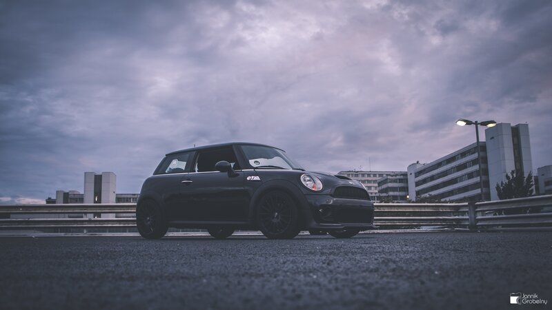 Black Mini Cooper Car — Gray, Dramatic, Sunset