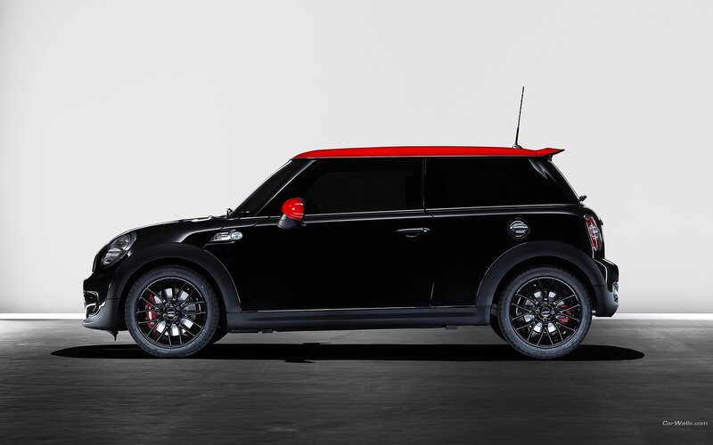Black Mini Cooper Car — Neutral, Photograph, Red Roof, Antenna, Side Mirror