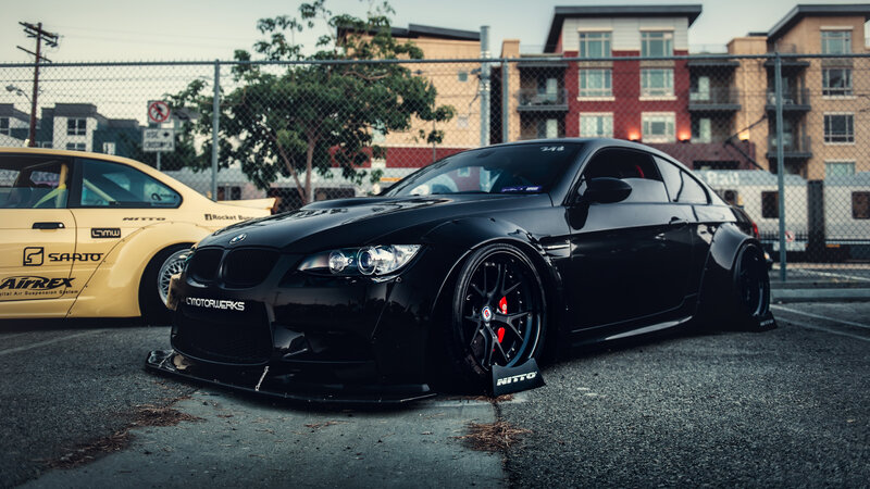 Black Modified BMW Car — Dramatic, Sunset