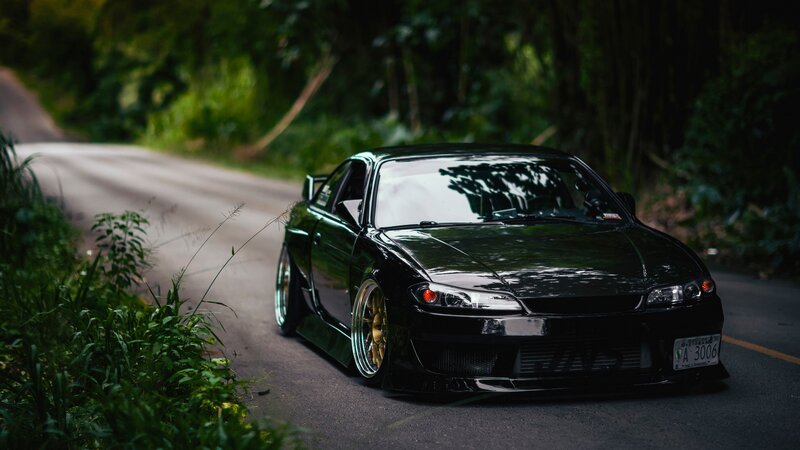 Black Modified Car — Dramatic, Photograph, Road, Trees