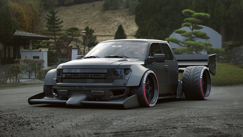 Black Modified Pickup Truck — Gray, Dramatic