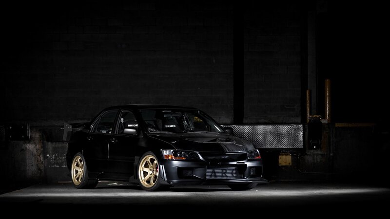 Black Modified Sedan — Dramatic, Night, Photograph, Gold Wheels, Carbon Fiber Hood, Racing Seats