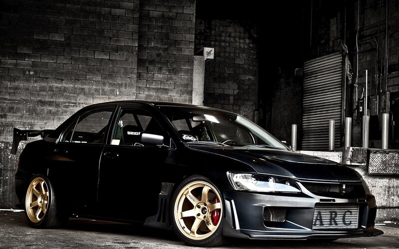 Black Modified Sedan — Dramatic, Night, Photograph, Gold Wheels, Carbon Fiber Hood, Rear Wing, Gold