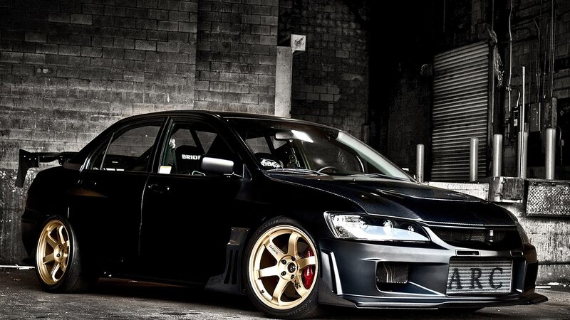 Black Modified Sedan — Dramatic, Night, Photograph, Gold Wheels, Carbon Fiber Hood, Tire