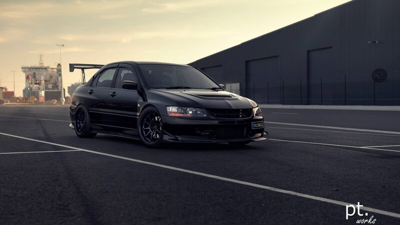 Black Modified Sedan — Dramatic, Sunset, Photograph, Tarmac