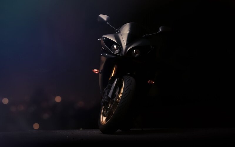 Black Motorcycle at Night — Dramatic, Photograph, Headlights