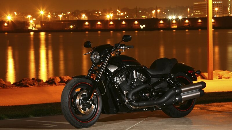 Black Motorcycle at Night — Dramatic, Photograph, Water, City Lights