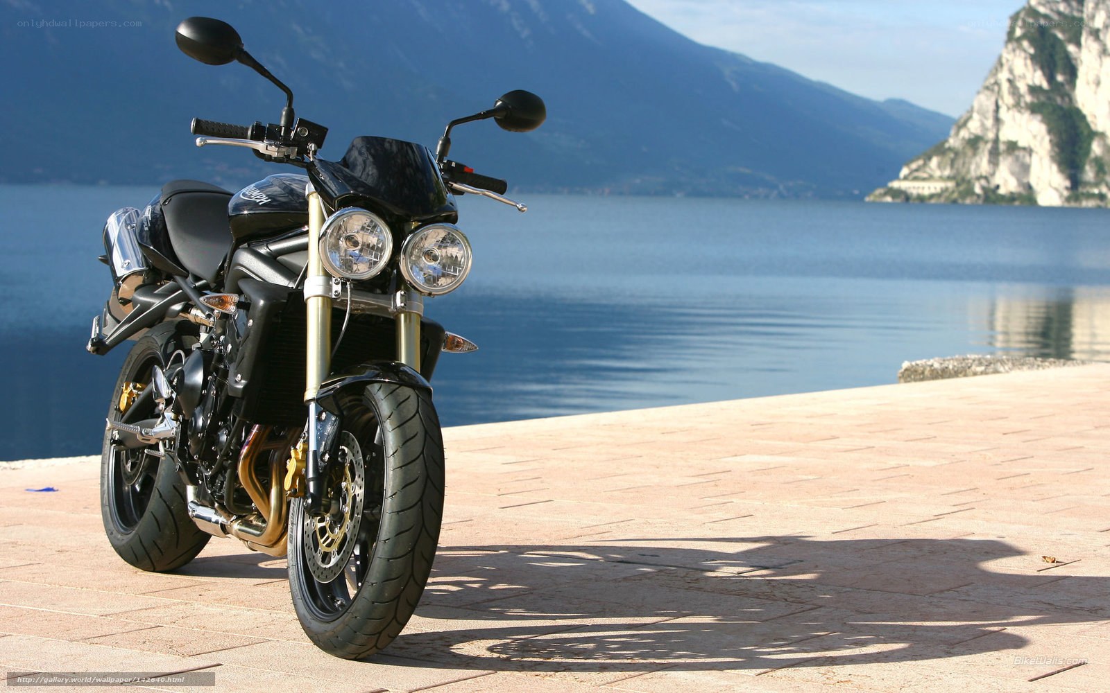 Black motorcycle by a lake