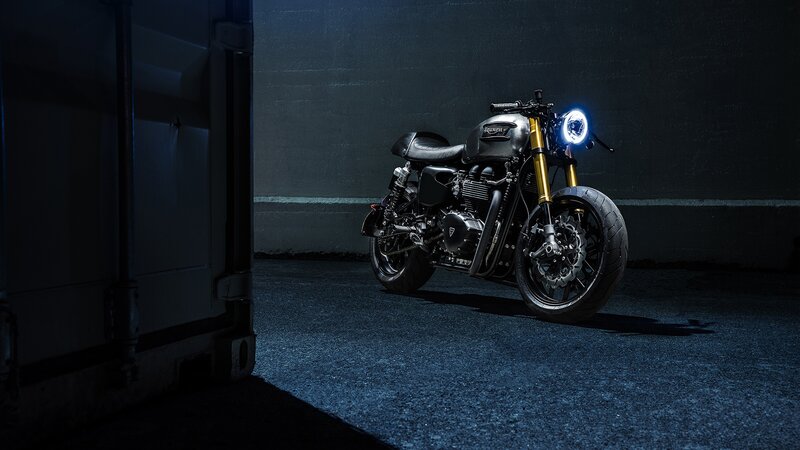 Black Motorcycle in Garage — Dramatic, Night, Photograph
