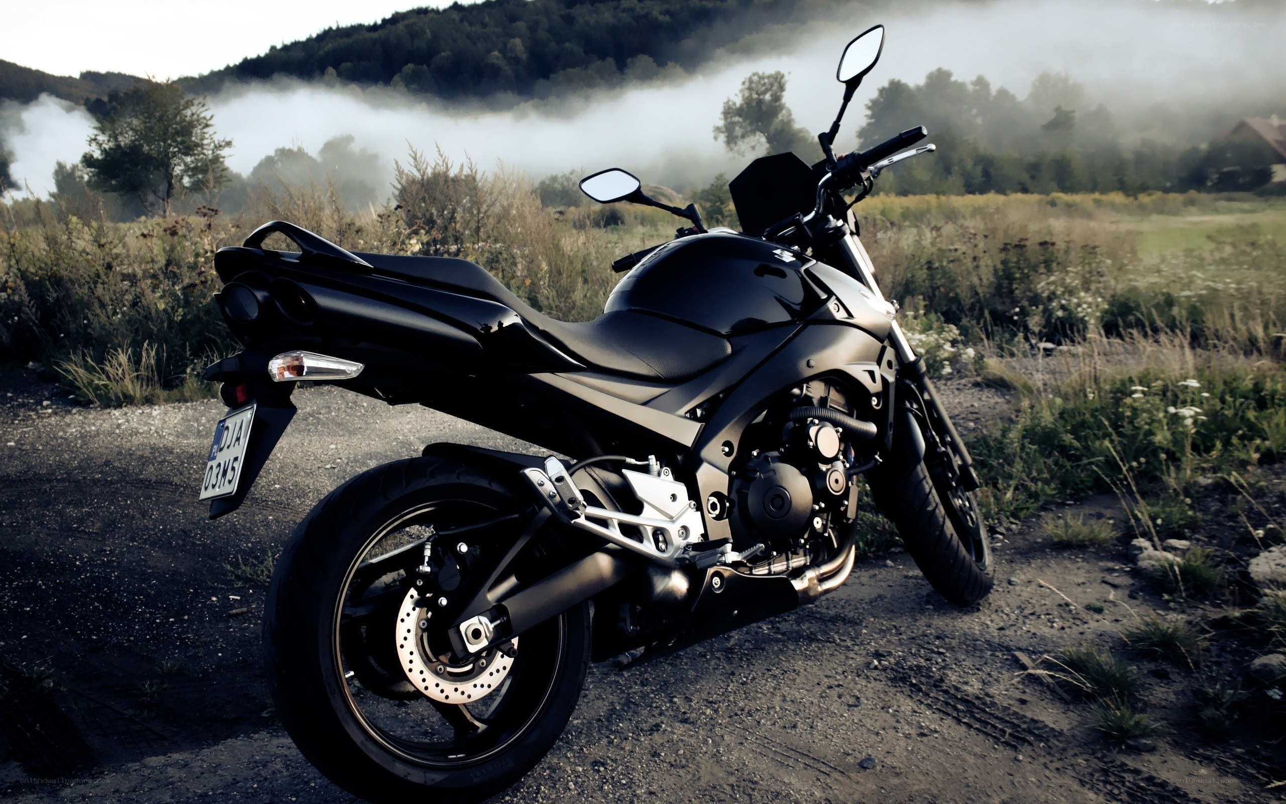 Black motorcycle in misty field