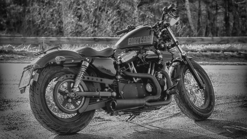 Black Motorcycle on Road — Dramatic, Photograph, Trees