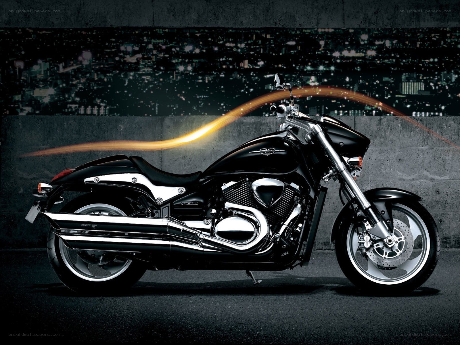 Black motorcycle with light trail