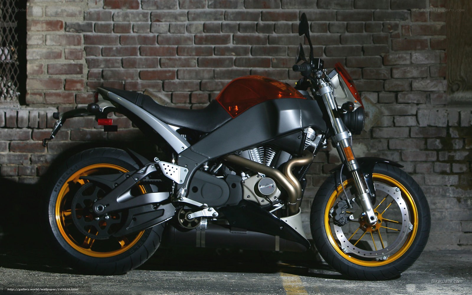 black motorcycle with orange accents
