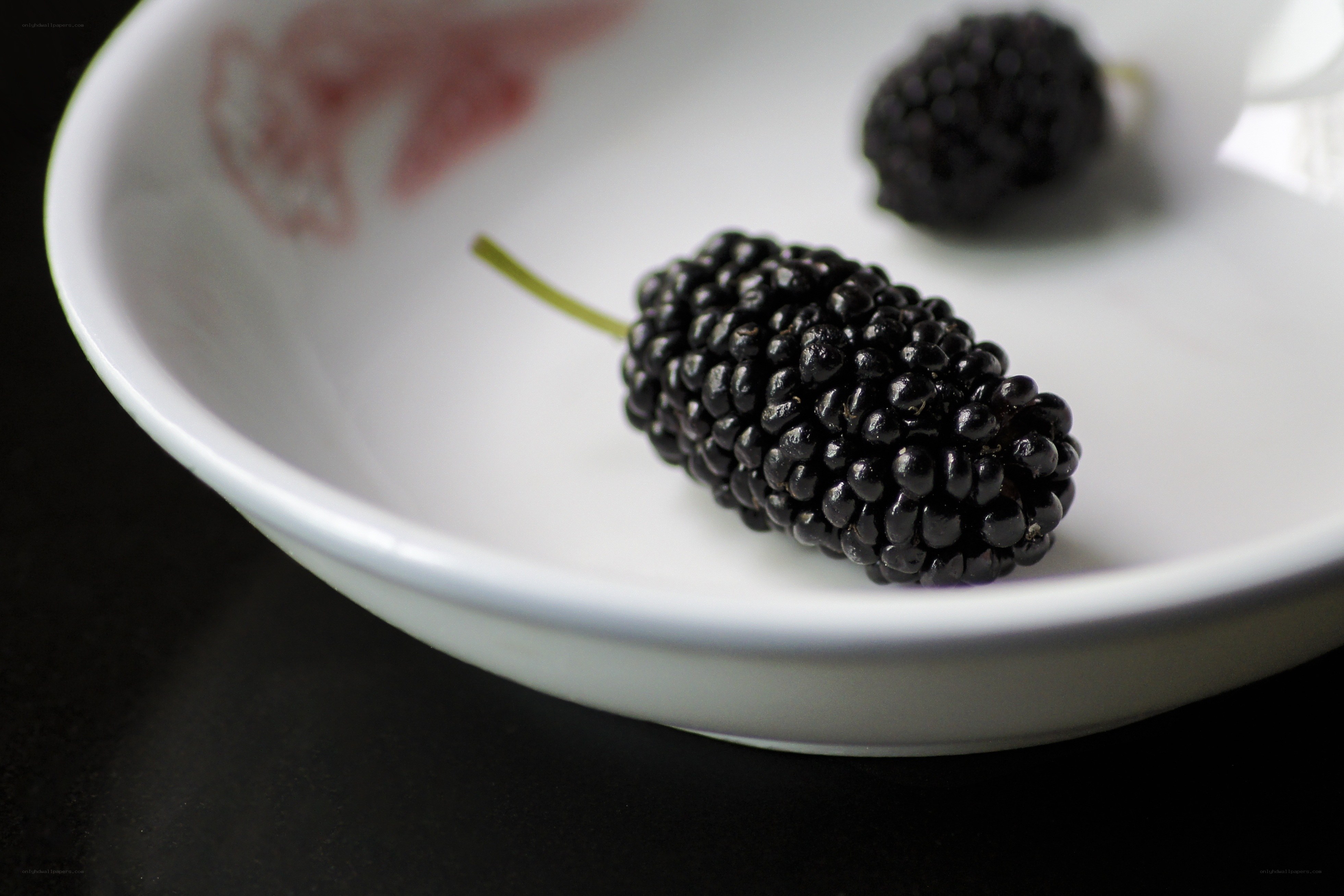 black mulberries on a white plate
