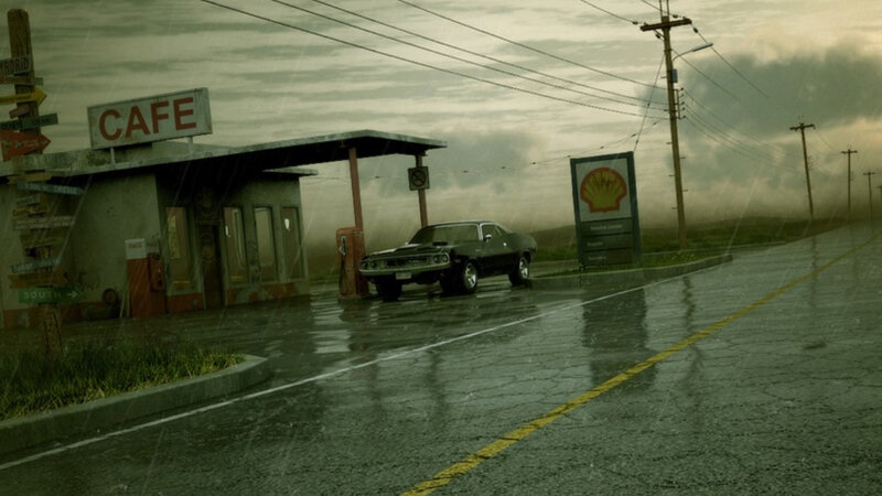 Black Muscle Car at Gas Station — Gray