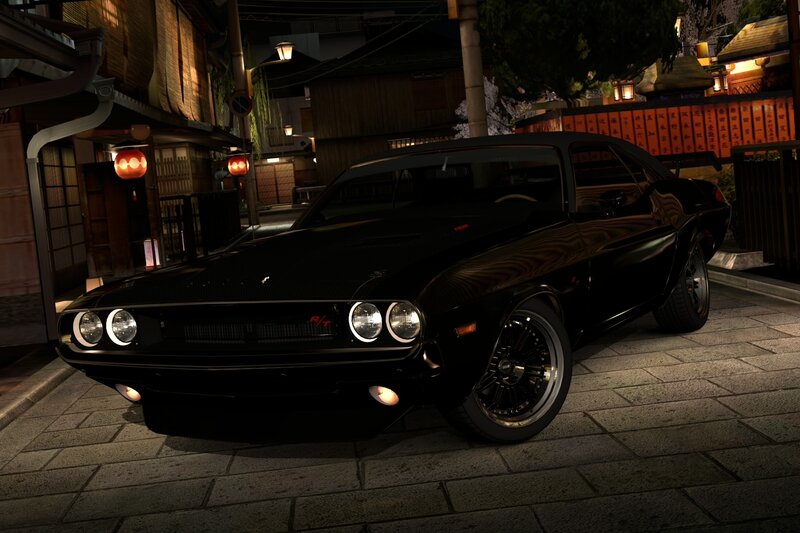 black muscle car at night
