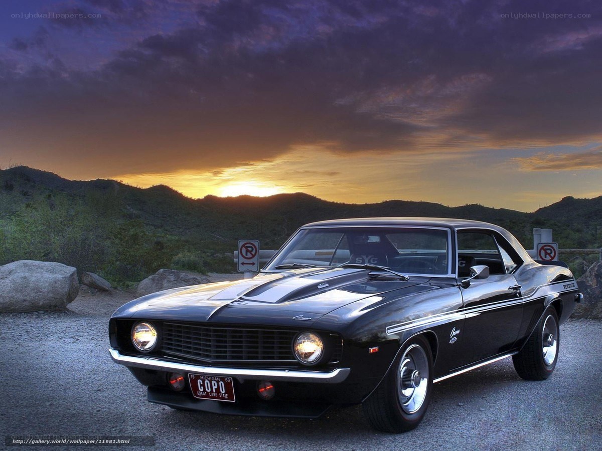Black muscle car at sunset