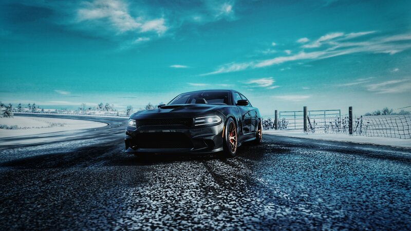 Black Muscle Car — Blue, Dramatic, Winter