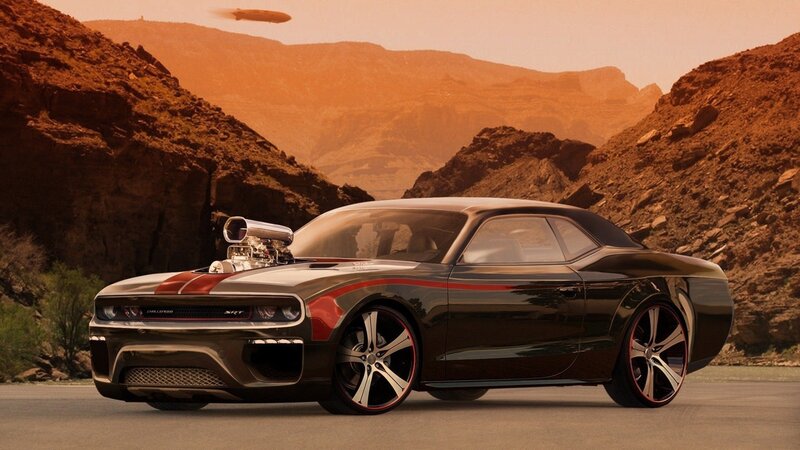 Black Muscle Car — Brown, Dramatic, Sunset, Digital Art