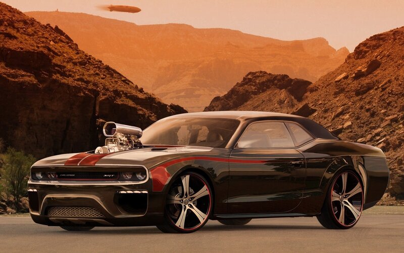 Black Muscle Car — Brown, Dramatic, Sunset