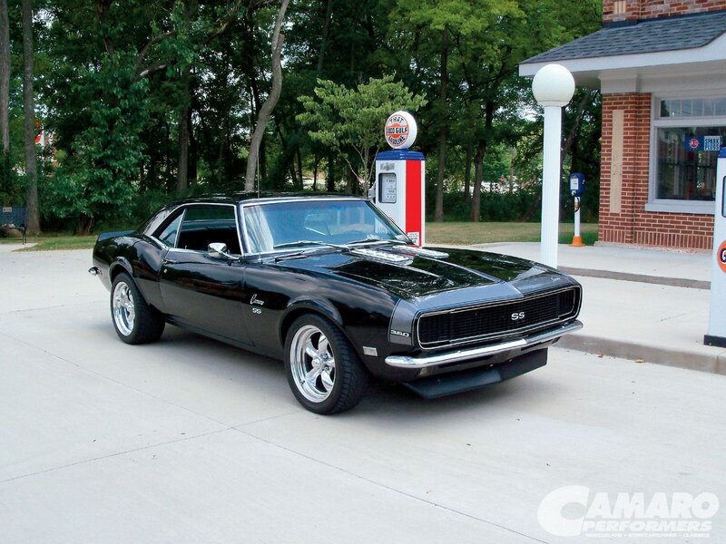Black Muscle Car — Calm, Afternoon, Photograph, Gas Pump