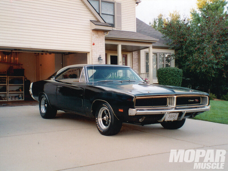 Black Muscle Car — Calm, Afternoon, Photograph, House, Garage, Tree