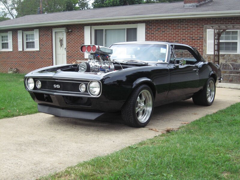 Black Muscle Car — Calm, Afternoon, Photograph, House, Grass