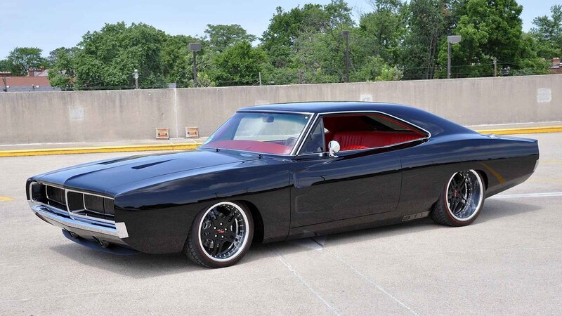 Black Muscle Car — Calm, Afternoon, Photograph, Red Interior, Trees, Concrete Wall