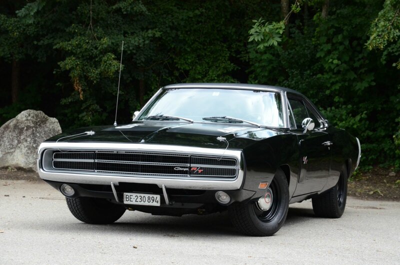 Black Muscle Car — Calm, Afternoon, Photograph, Trees, Rock