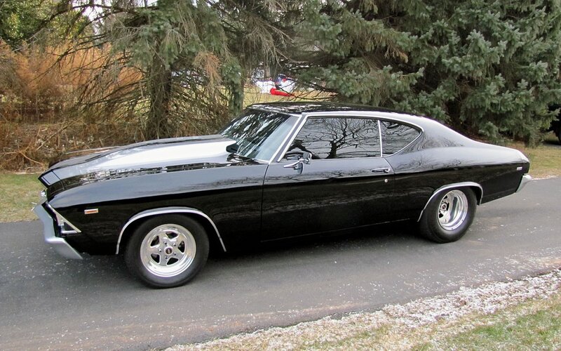Black Muscle Car — Calm, Autumn, Photograph, Trees, Asphalt