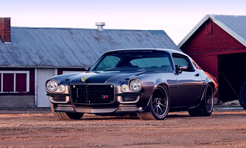 Black Muscle Car — Calm, Sunset, Photograph, Barns