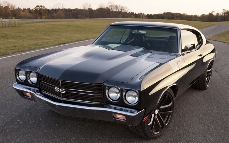 Black Muscle Car — Calm, Sunset, Photograph
