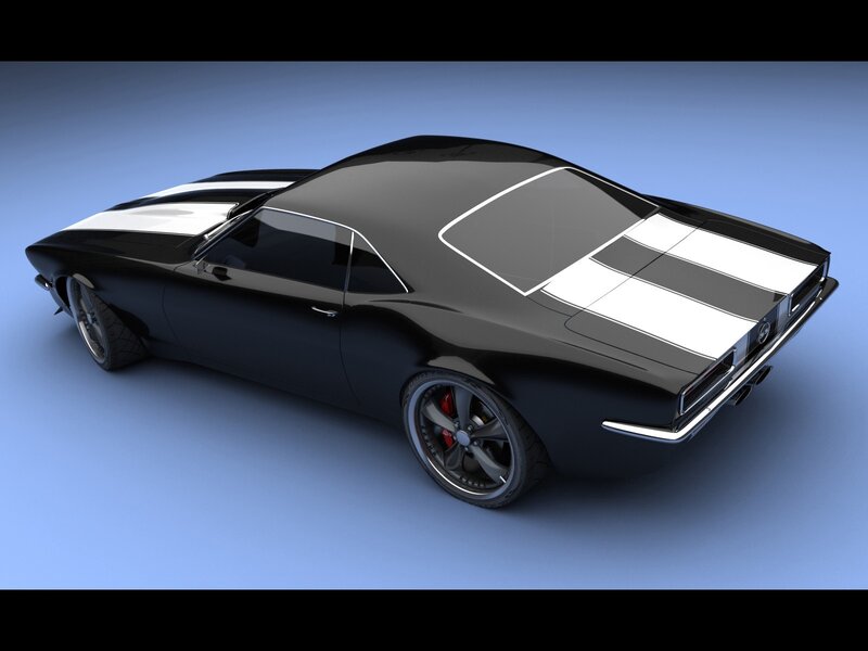 Black Muscle Car — Clean, 3d Render, White Stripes, Chrome Wheels