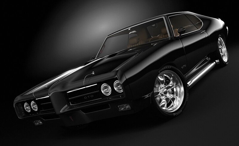 Black Muscle Car — Dramatic, 3d Render, Chrome Wheels