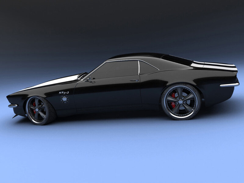 Black Muscle Car — Dramatic, 3d Render, Stripes, Red Brake Calipers, Custom Wheels