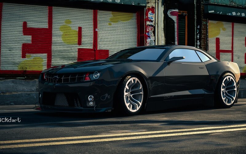 Black Muscle Car — Dramatic, Afternoon, Digital Art, Graffiti Wall
