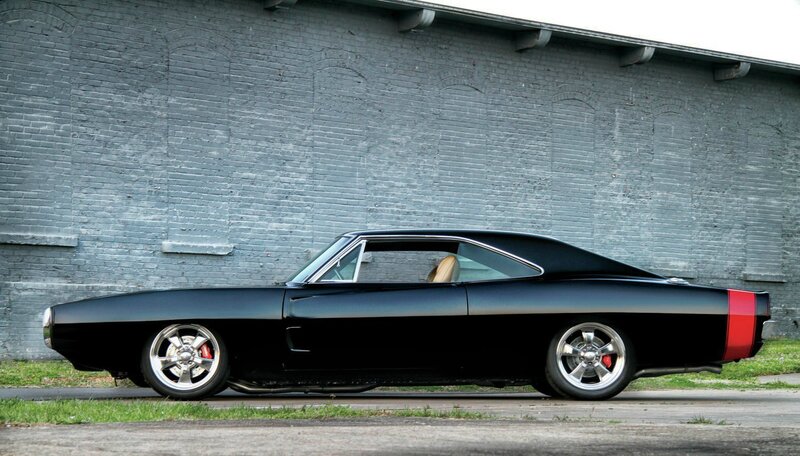 Black Muscle Car — Dramatic, Afternoon, Photograph, Brick Wall, Silver Wheels