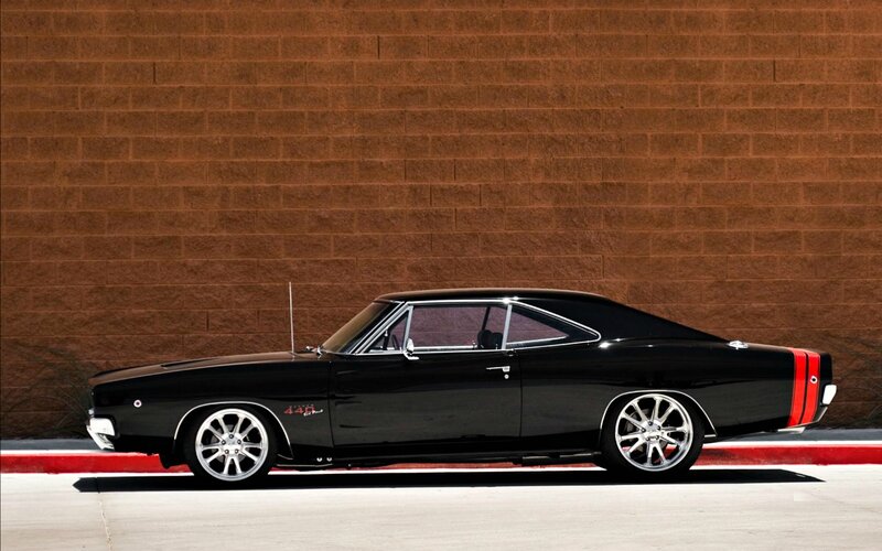 Black Muscle Car — Dramatic, Afternoon, Photograph, Brick Wall