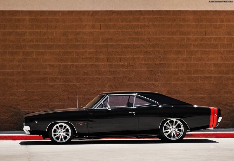 Black Muscle Car — Dramatic, Afternoon, Photograph, Brick Wall, Wheel